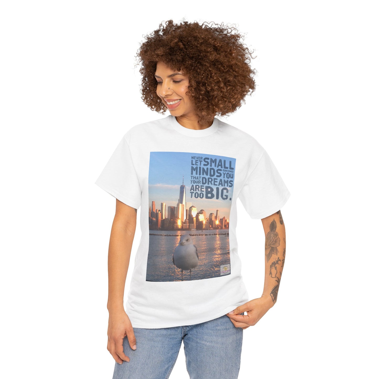 City Skyline Tee - Manhattan New York City with Seagull Unisex Heavy Cotton T-Shirt