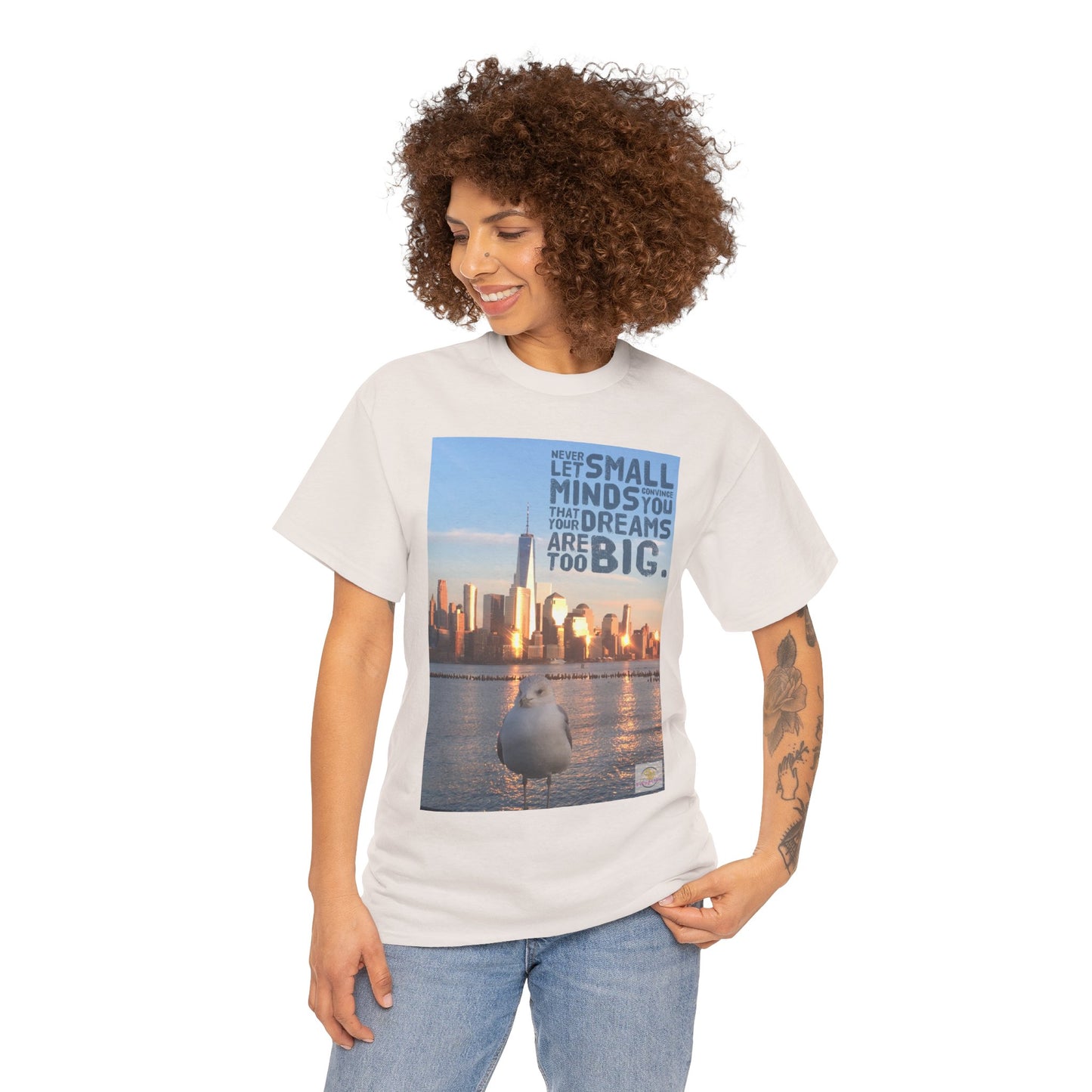 City Skyline Tee - Manhattan New York City with Seagull Unisex Heavy Cotton T-Shirt