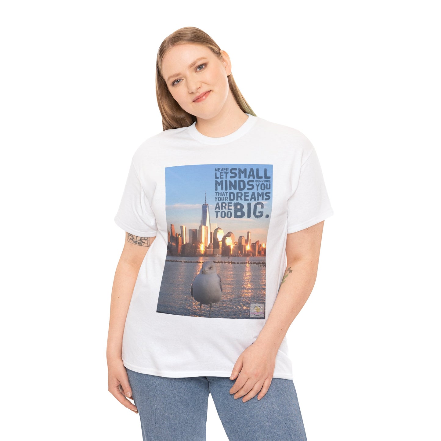 City Skyline Tee - Manhattan New York City with Seagull Unisex Heavy Cotton T-Shirt