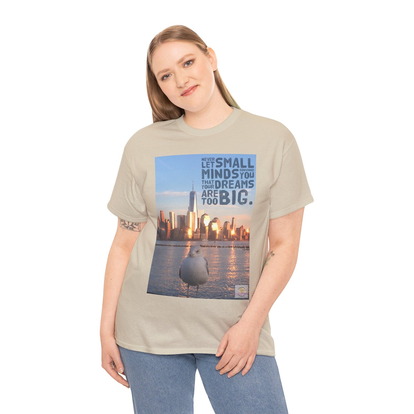 City Skyline Tee - Manhattan New York City with Seagull Unisex Heavy Cotton T-Shirt